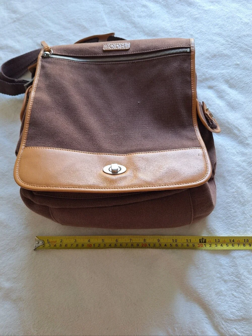 BODHI Genuine Leather & Canvas Messenger Bag Briefcase Brown 12x13